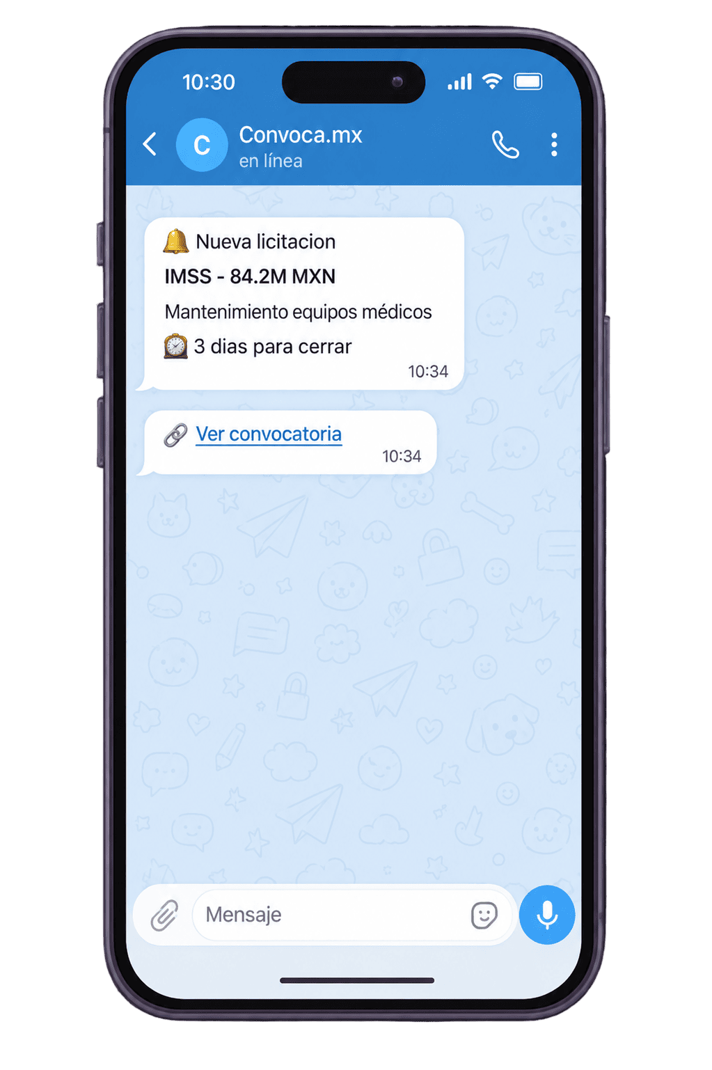 Ejemplo de alerta de licitación recibida por Telegram desde Convoca.mx
