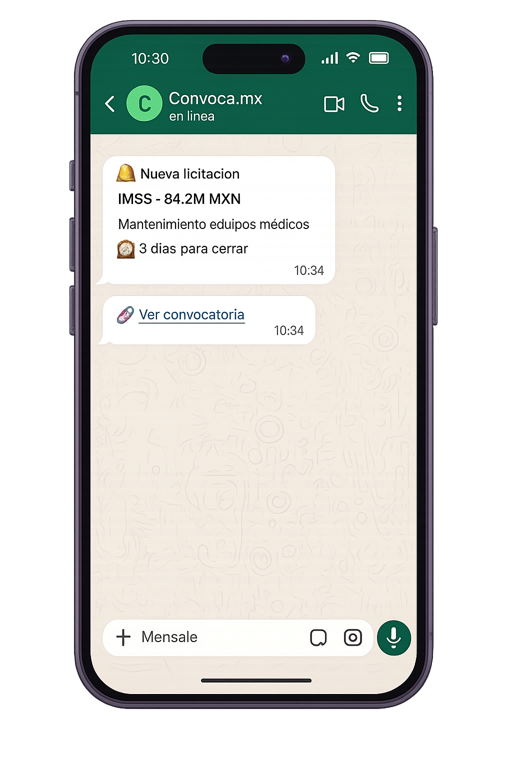 Ejemplo de alerta de licitación recibida por WhatsApp desde Convoca.mx